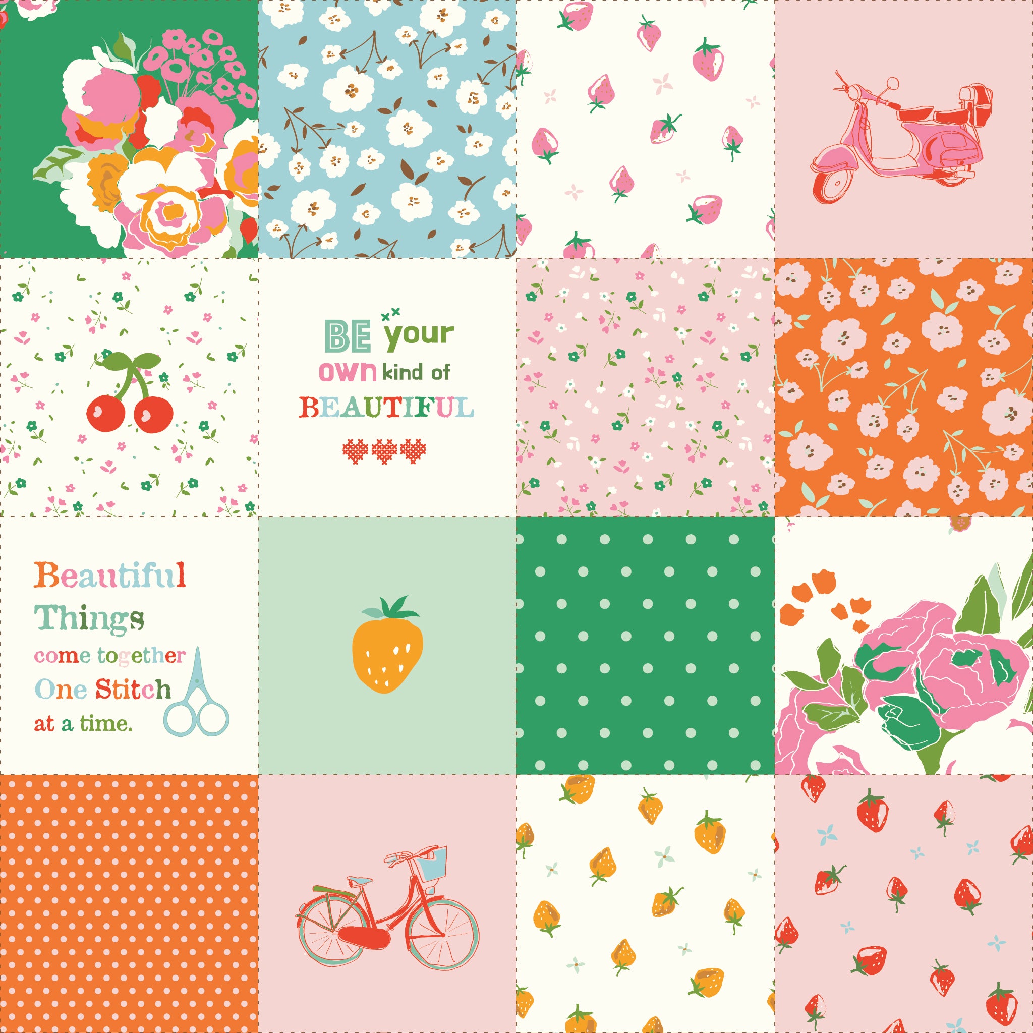 Cotton Nook Patchwork Green fabric with floral, fruit, bicycle, scooter and sewing themed blocks.