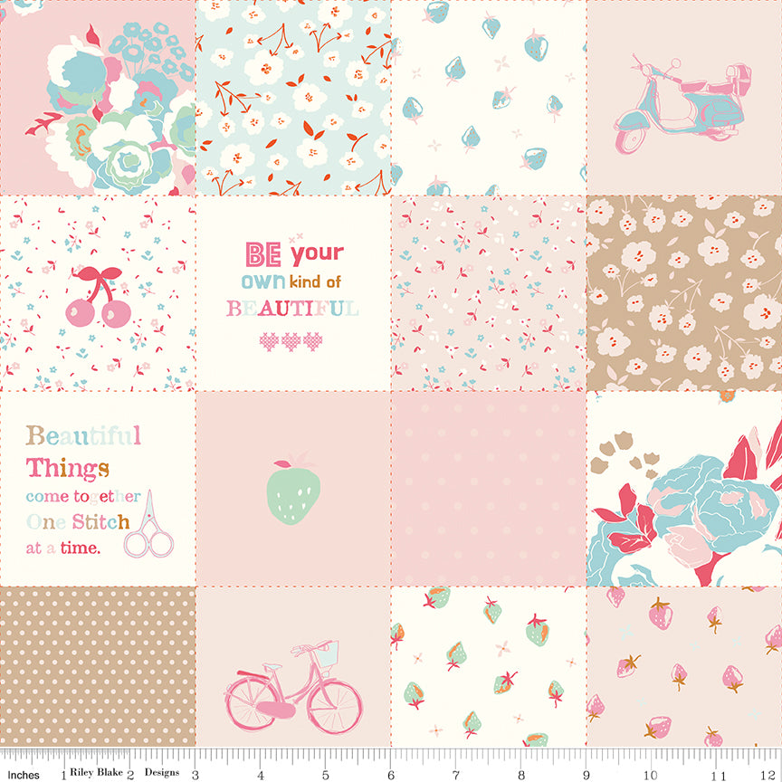 Cotton Nook Patchwork Pink fabric with soft floral, fruit, bicycle, scooter and sewing blocks with ruler for scale.