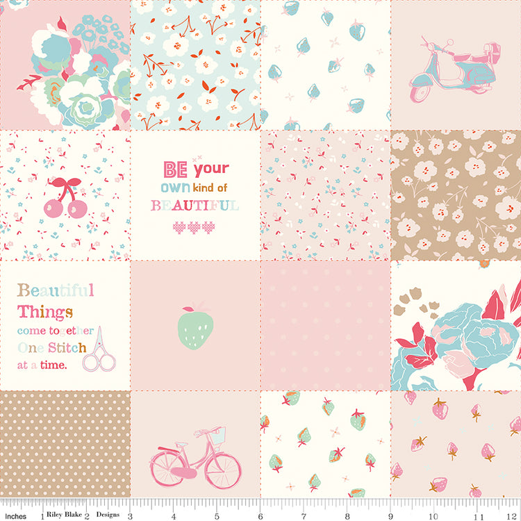 Cotton Nook Patchwork Pink fabric with soft floral, fruit, bicycle, scooter and sewing blocks with ruler for scale.