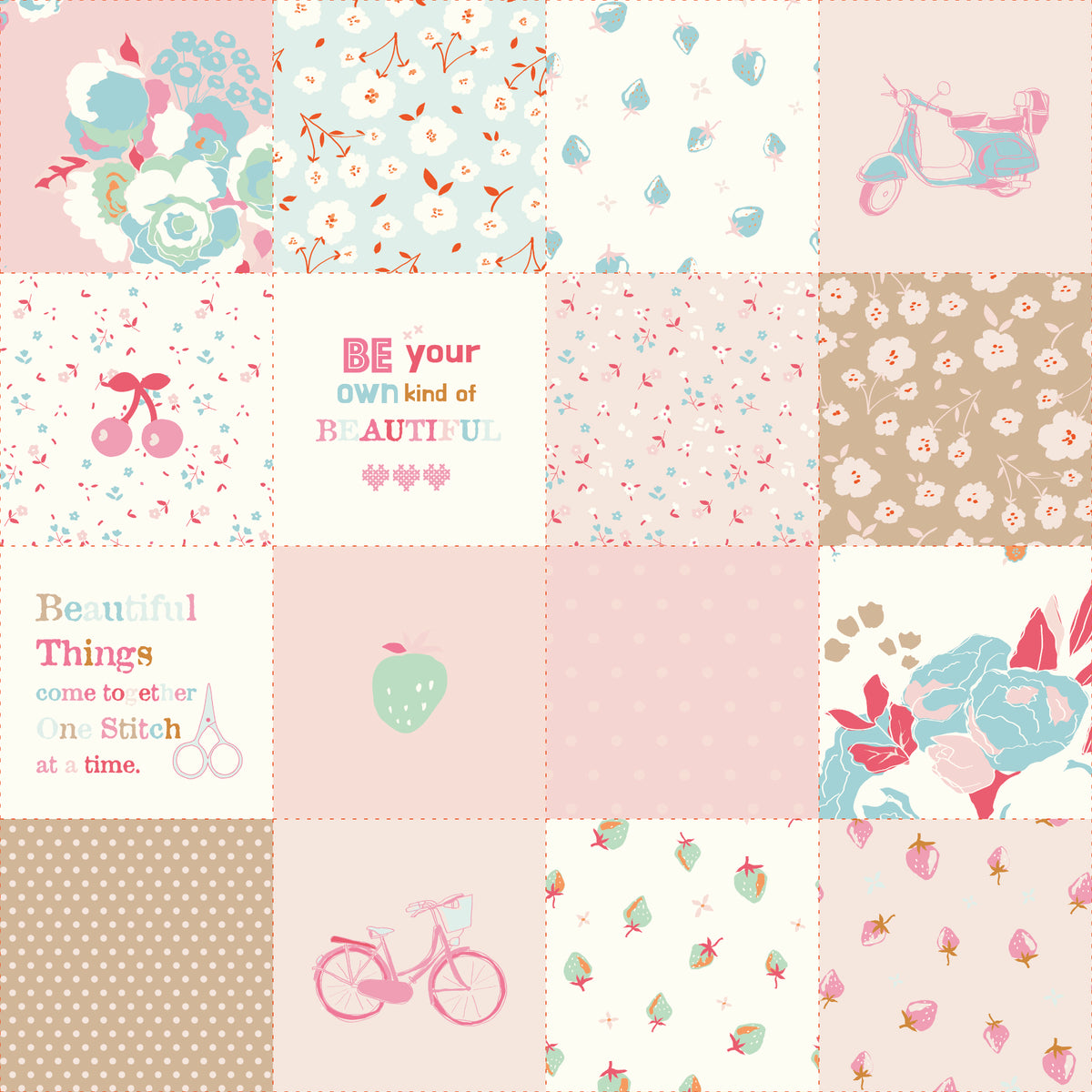 Cotton Nook Patchwork Pink fabric with soft floral, fruit, bicycle, scooter and sewing blocks.