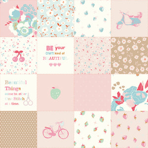 Cotton Nook Patchwork Pink fabric with soft floral, fruit, bicycle, scooter and sewing blocks.