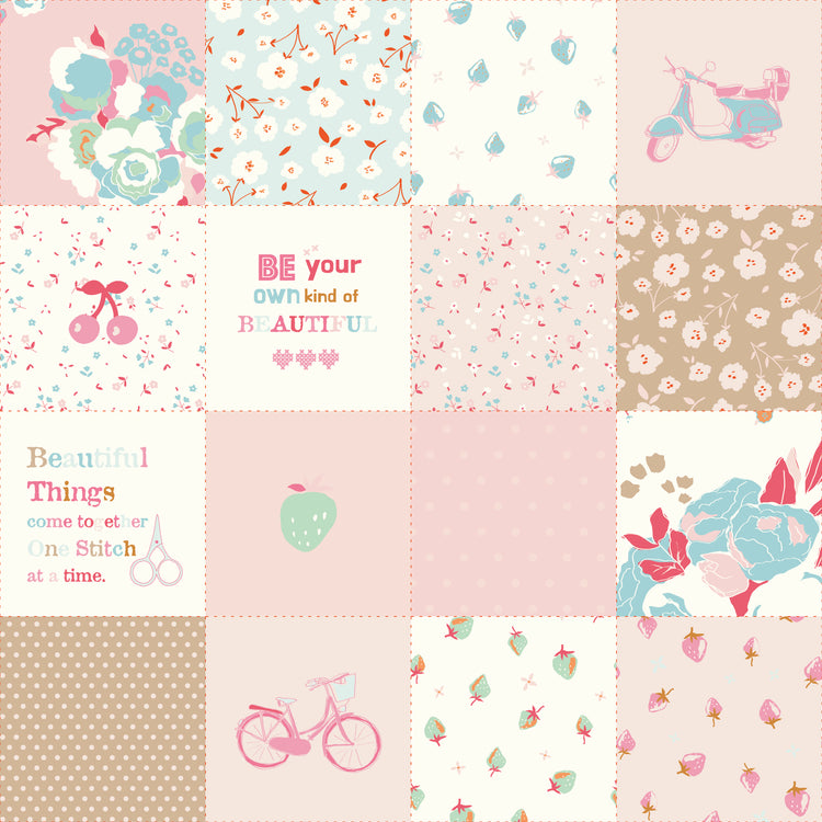 Cotton Nook Patchwork Pink fabric with soft floral, fruit, bicycle, scooter and sewing blocks.