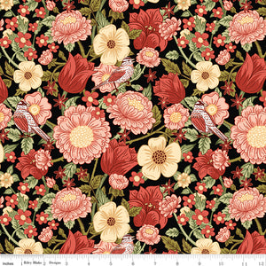 Black floral fabric with red, pink, cream flowers, green leaves, and birds with a ruler at the bottom to indicate scale. 