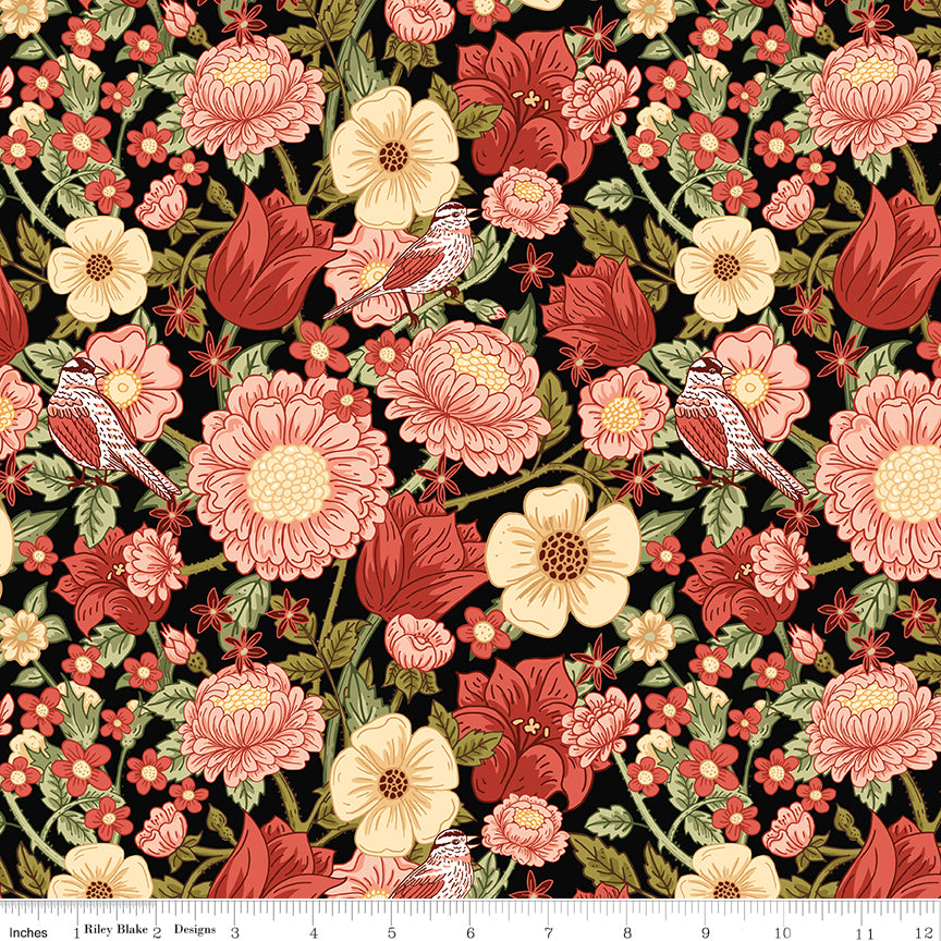 Black floral fabric with red, pink, cream flowers, green leaves, and birds with a ruler at the bottom to indicate scale. 