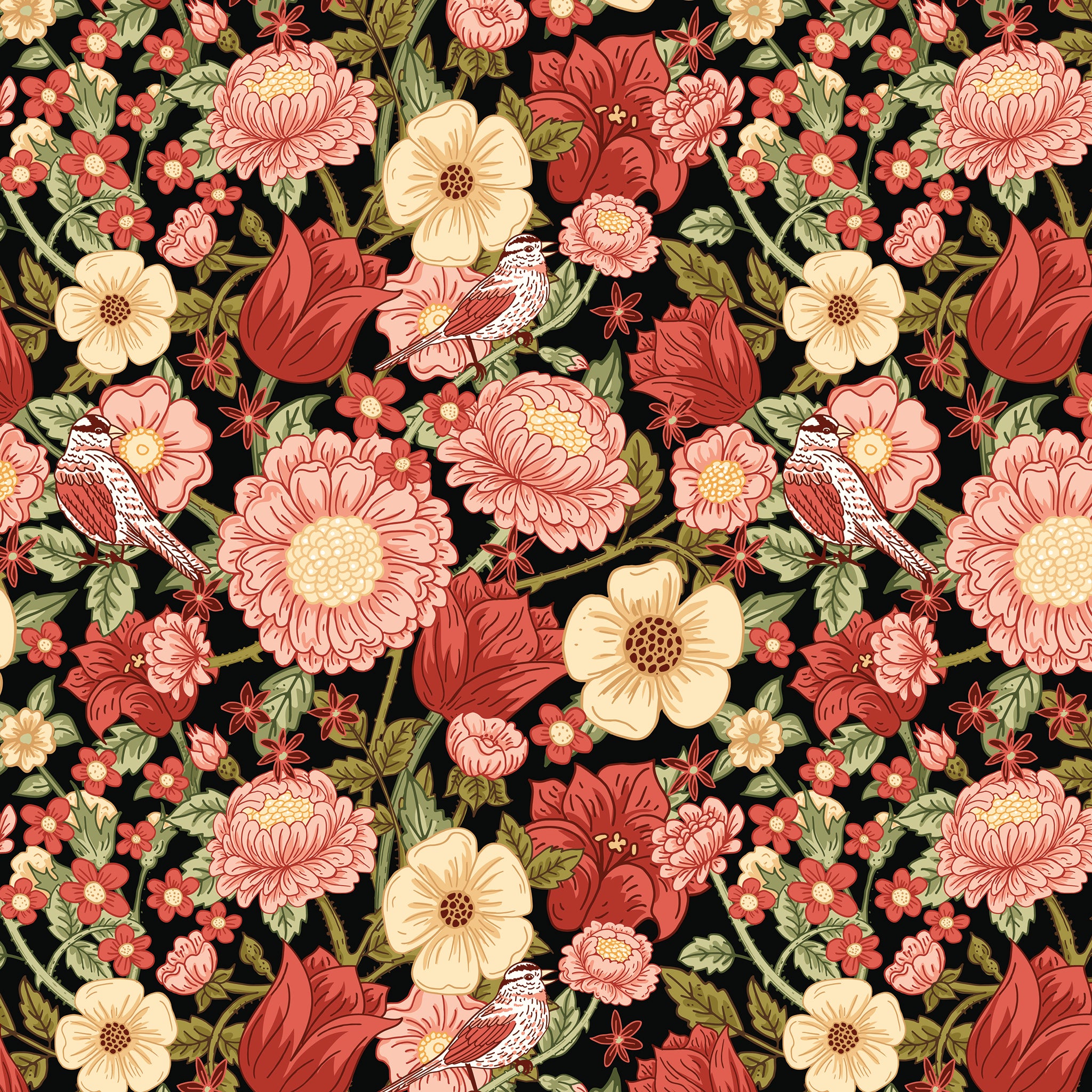 Black floral fabric with red, pink, cream flowers, green leaves, and birds