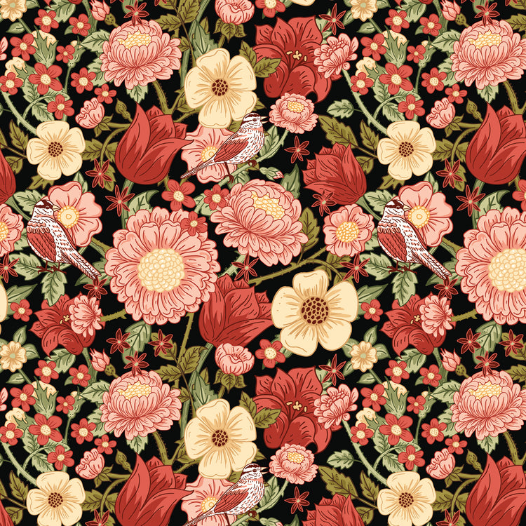 Black floral fabric with red, pink, cream flowers, green leaves, and birds