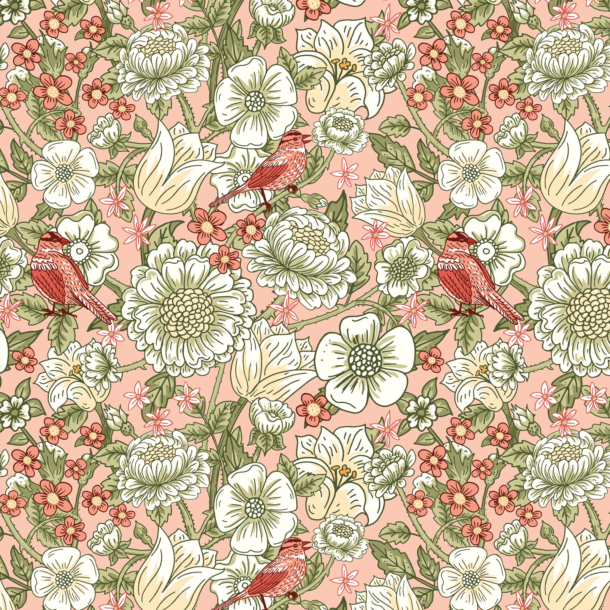 Blush pink floral fabric with cream flowers, green leaves, and coral birds