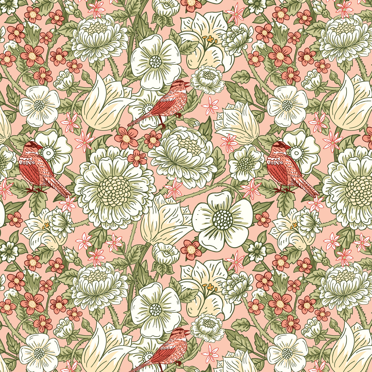 Blush pink floral fabric with cream flowers, green leaves, and coral birds