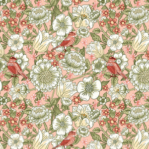 Blush pink floral fabric with cream flowers, green leaves, and coral birds