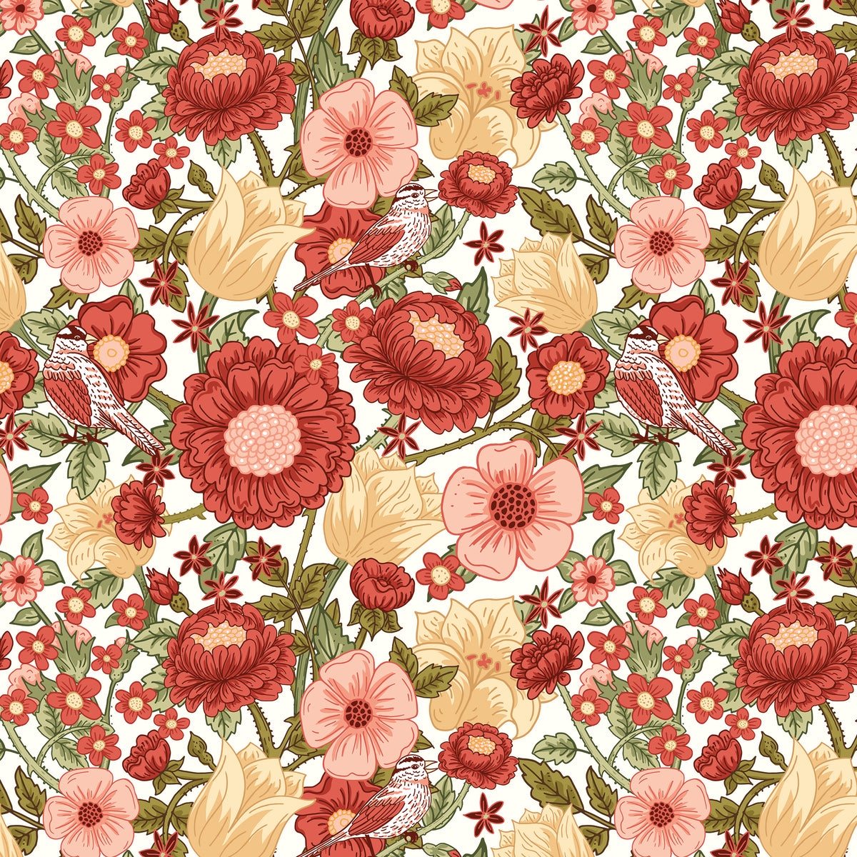 Cream floral fabric with red and pink flowers, green leaves, and birds
