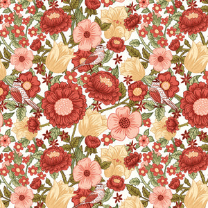 Cream floral fabric with red and pink flowers, green leaves, and birds