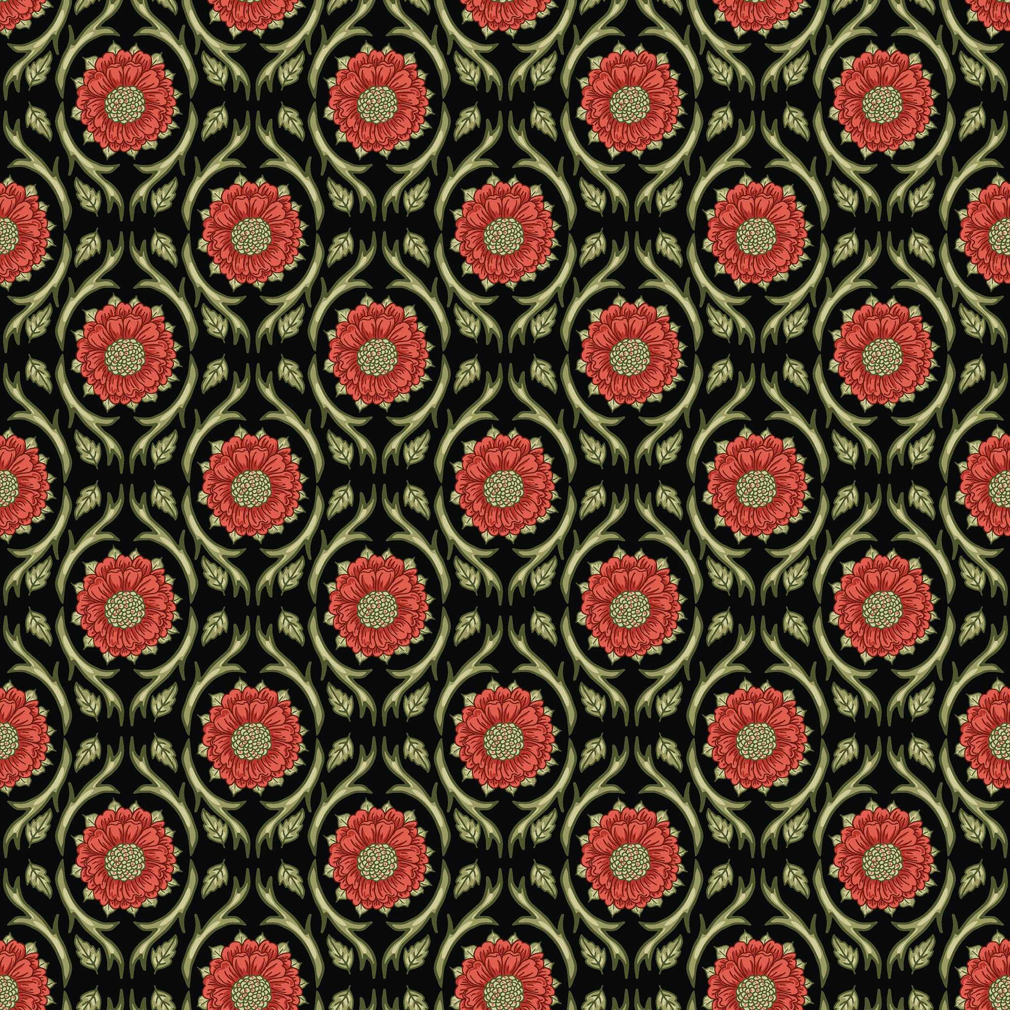Black fabric with repeating red floral medallions and olive green vines