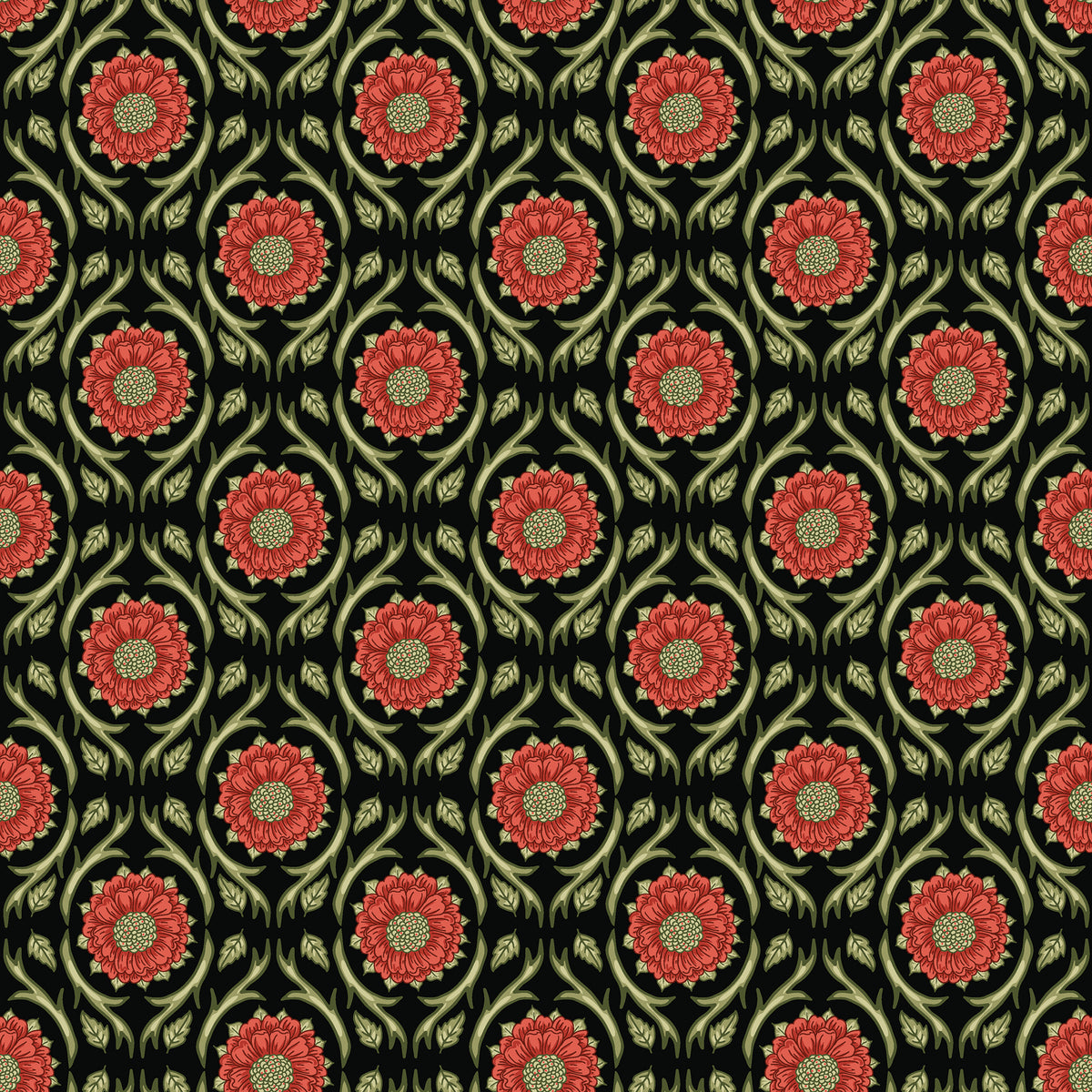 Black fabric with repeating red floral medallions and olive green vines