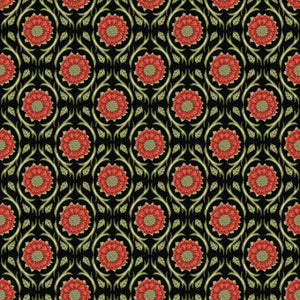 Black fabric with repeating red floral medallions and olive green vines