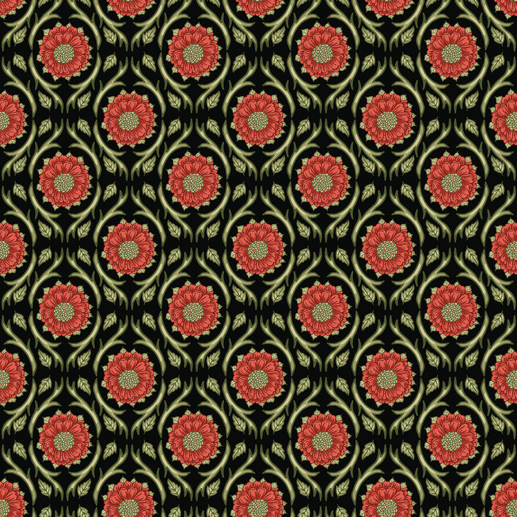 Black fabric with repeating red floral medallions and olive green vines