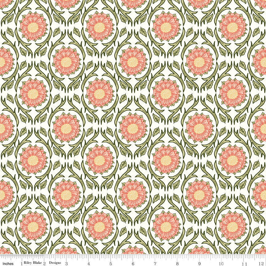 Cream fabric with repeating pink floral medallions and olive green vines with a ruler at the bottom for scale. 