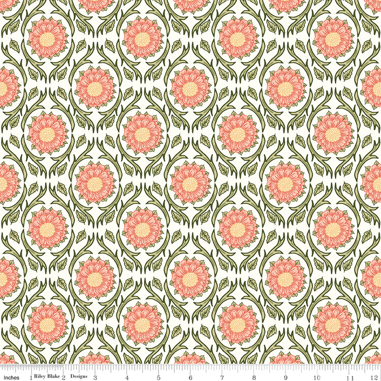 Cream fabric with repeating pink floral medallions and olive green vines with a ruler at the bottom for scale. 