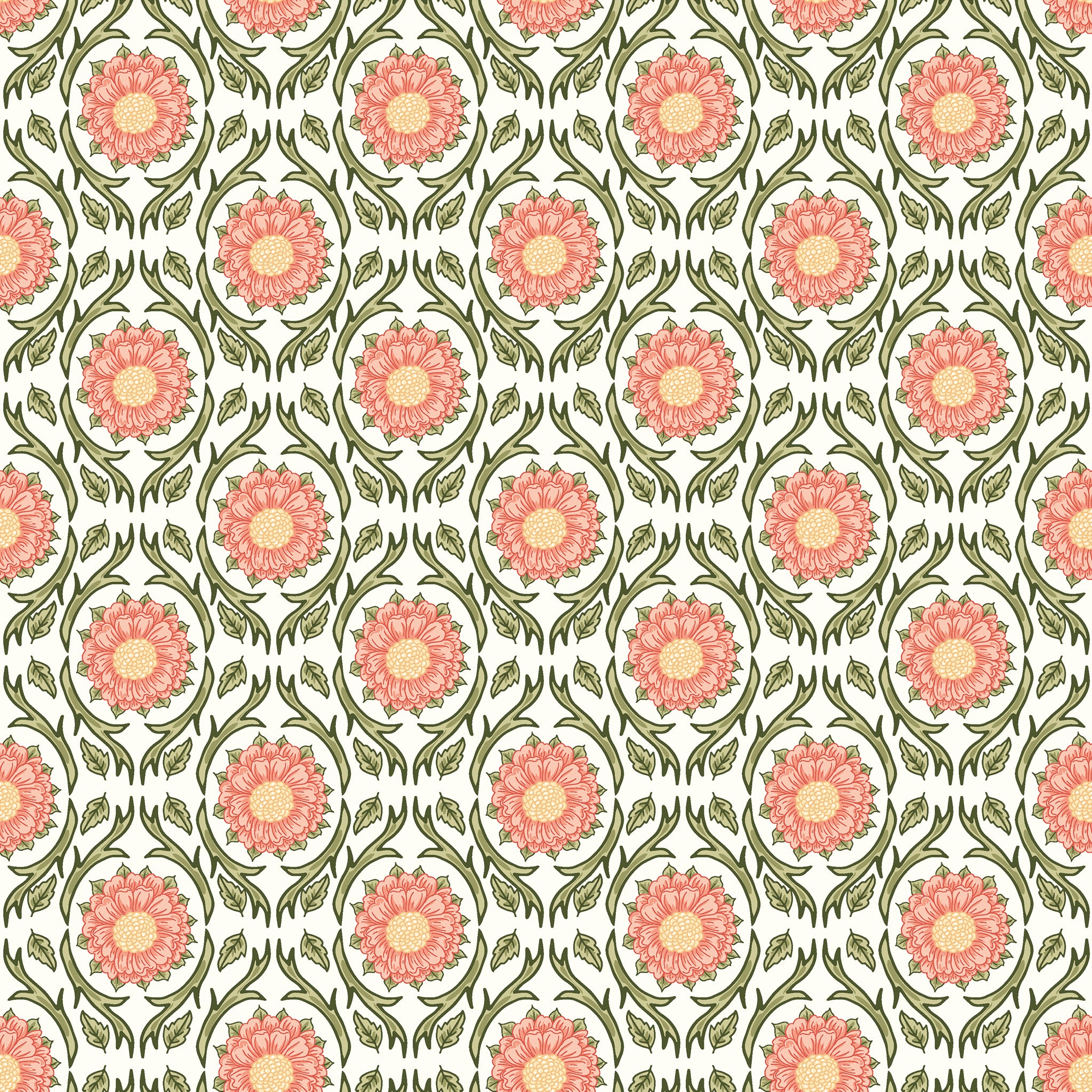 Cream fabric with repeating pink floral medallions and olive green vines