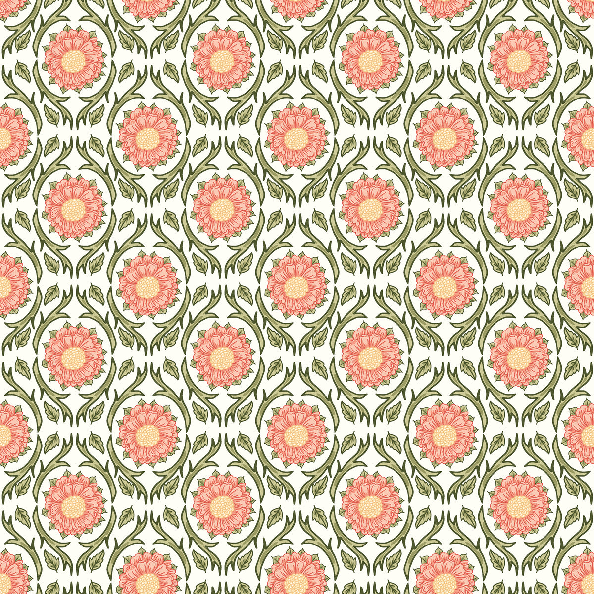 Cream fabric with repeating pink floral medallions and olive green vines