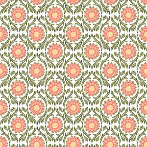 Cream fabric with repeating pink floral medallions and olive green vines