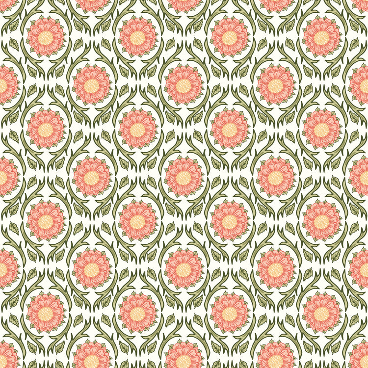 Cream fabric with repeating pink floral medallions and olive green vines