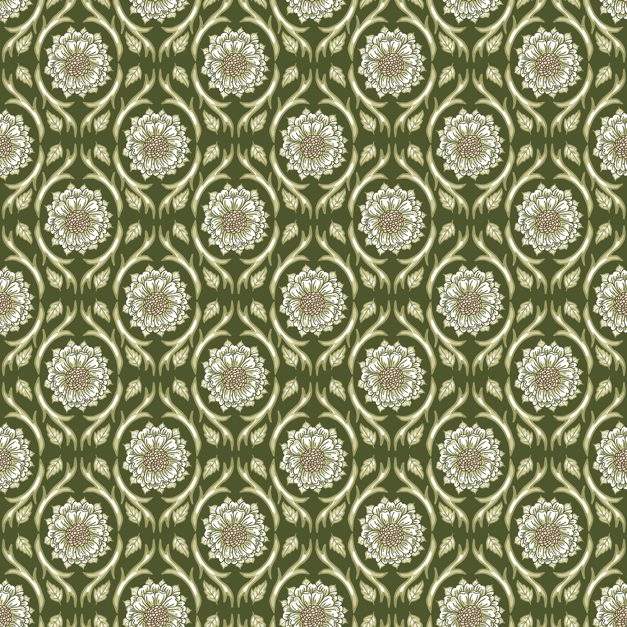 Hunter green fabric with repeating cream floral medallions and leafy vines