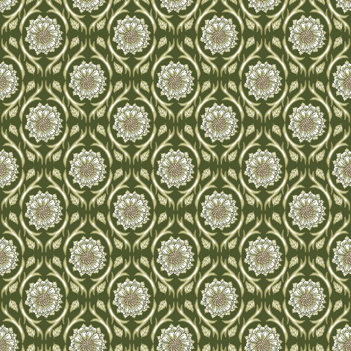 Hunter green fabric with repeating cream floral medallions and leafy vines