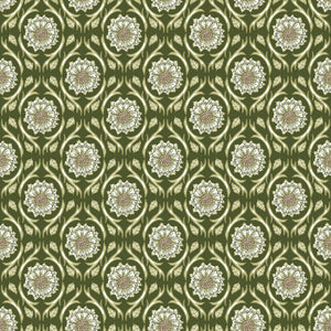 Hunter green fabric with repeating cream floral medallions and leafy vines