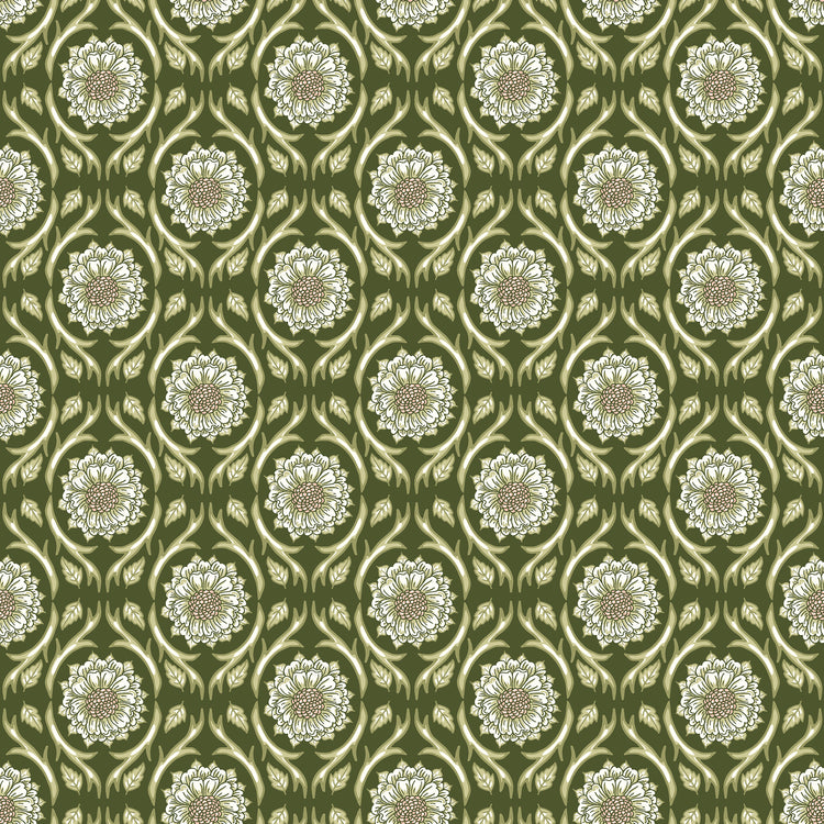 Hunter green fabric with repeating cream floral medallions and leafy vines