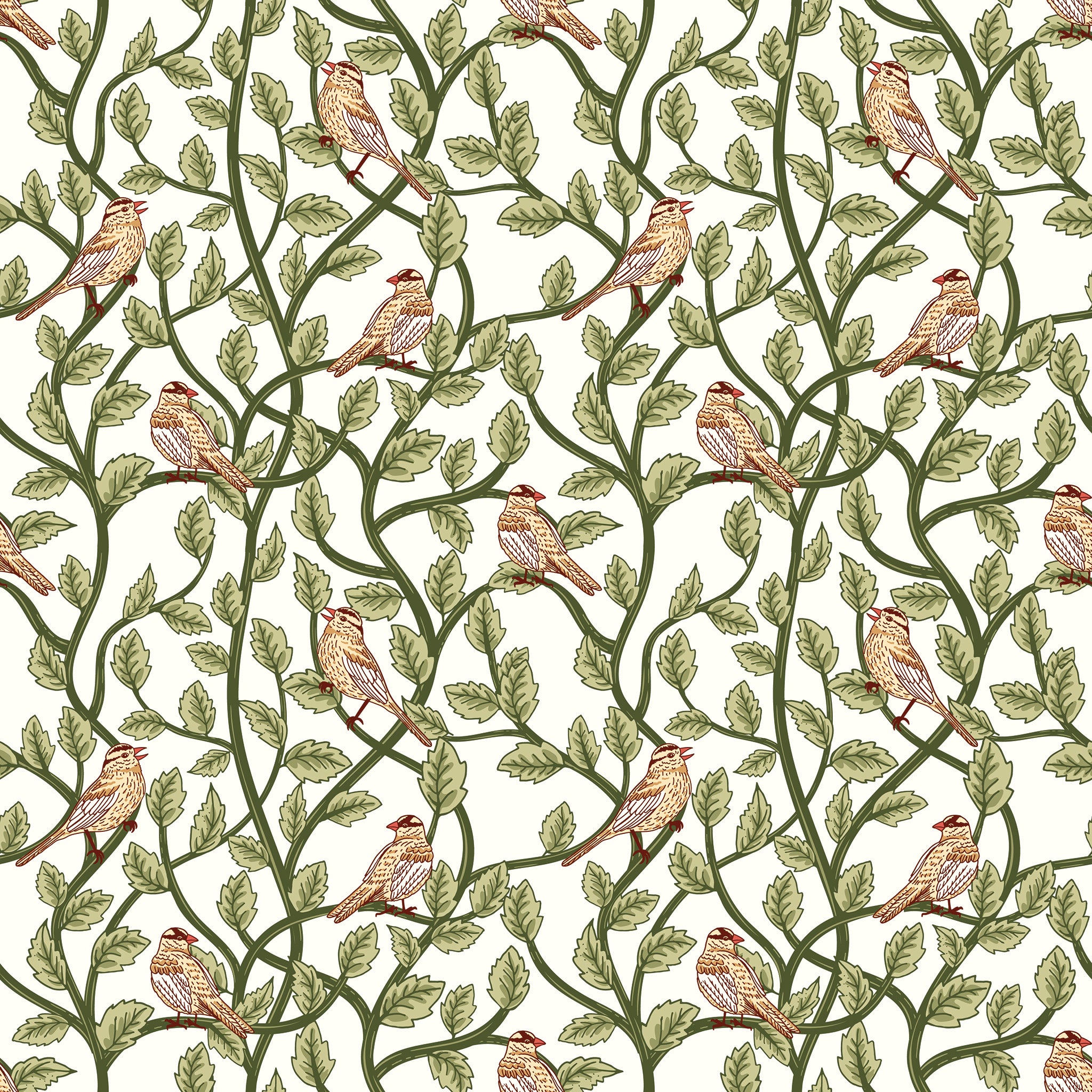 Cream fabric with small birds perched among winding green leafy branches