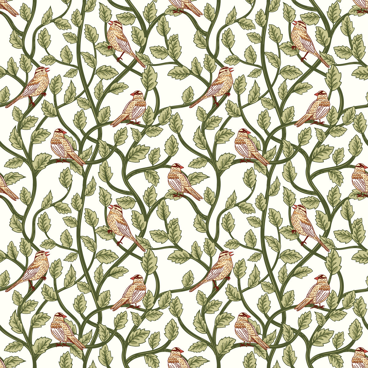 Cream fabric with small birds perched among winding green leafy branches