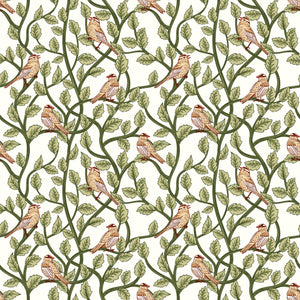 Cream fabric with small birds perched among winding green leafy branches