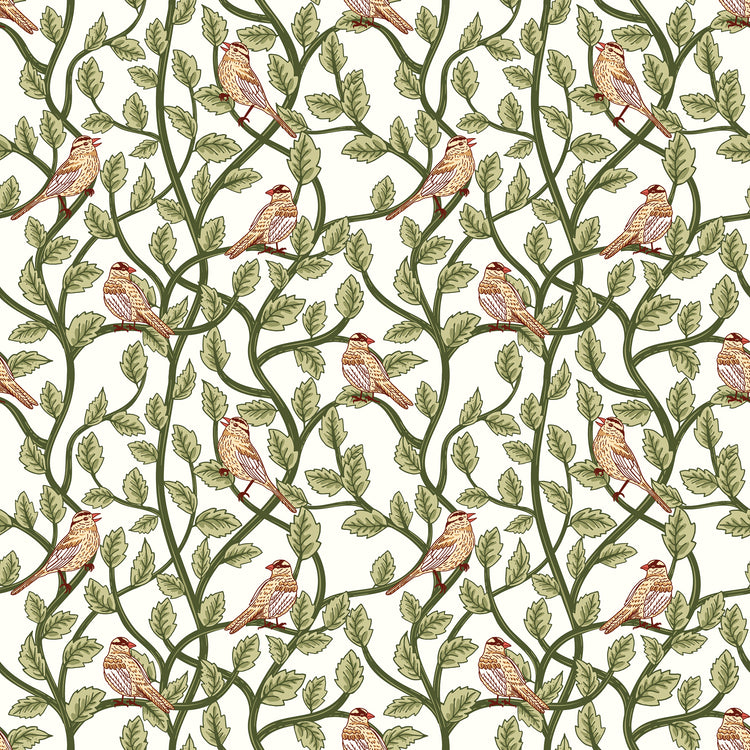 Cream fabric with small birds perched among winding green leafy branches
