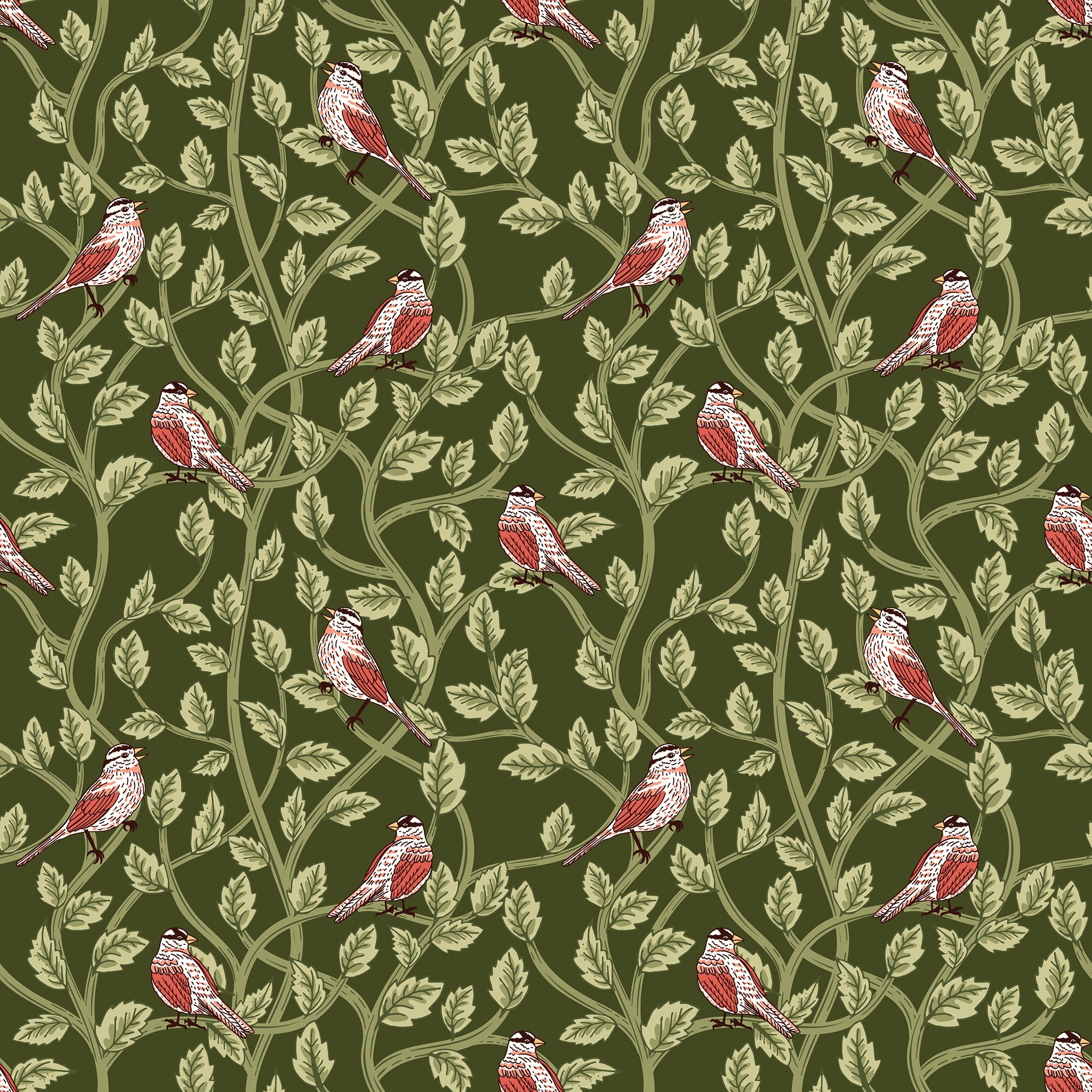Hunter green fabric with red and cream birds among winding leafy branches