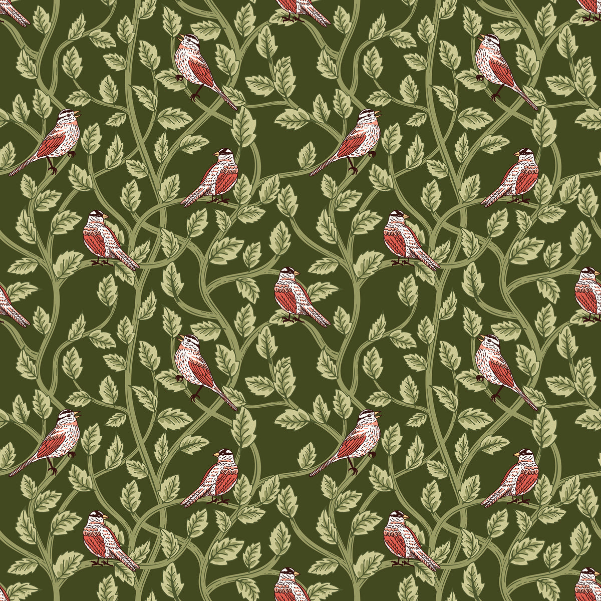 Hunter green fabric with red and cream birds among winding leafy branches
