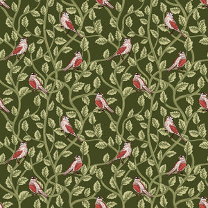 Hunter green fabric with red and cream birds among winding leafy branches