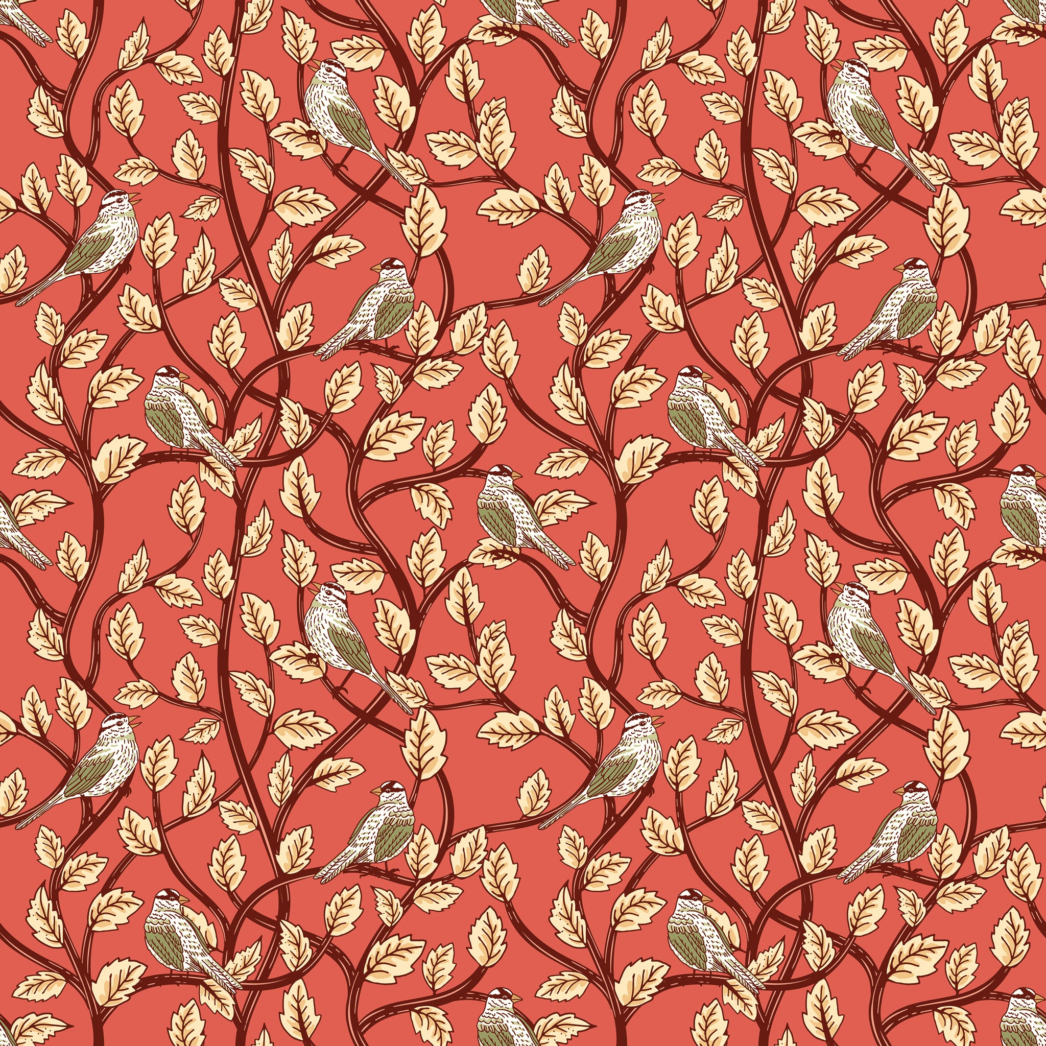 Sunset coral fabric with birds perched among cream leaves and dark winding branches