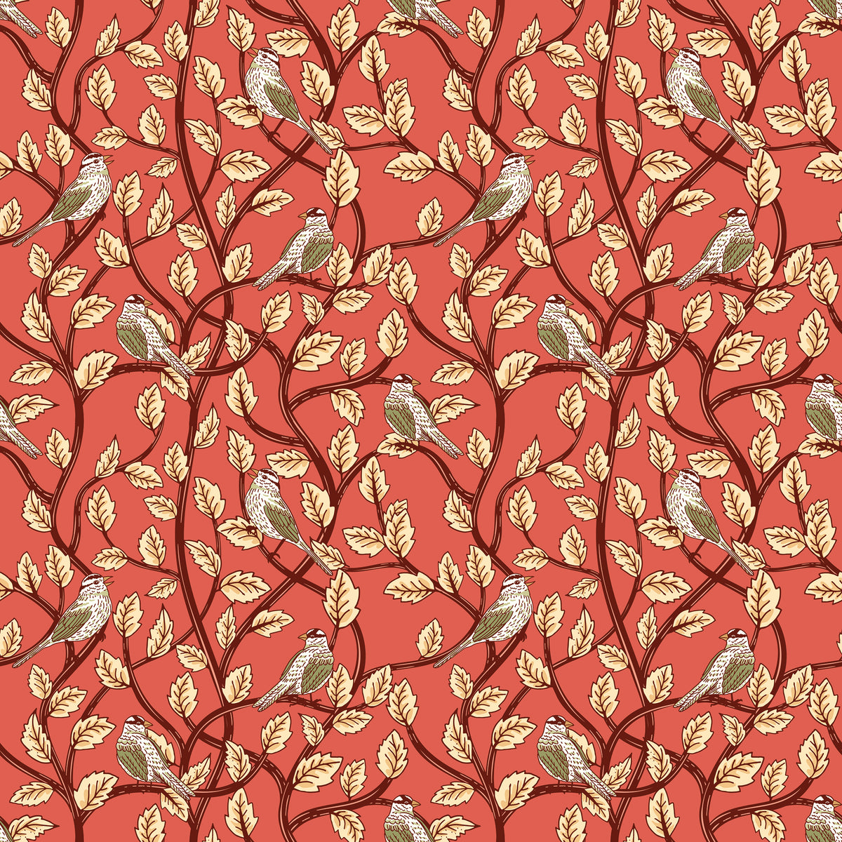 Sunset coral fabric with birds perched among cream leaves and dark winding branches