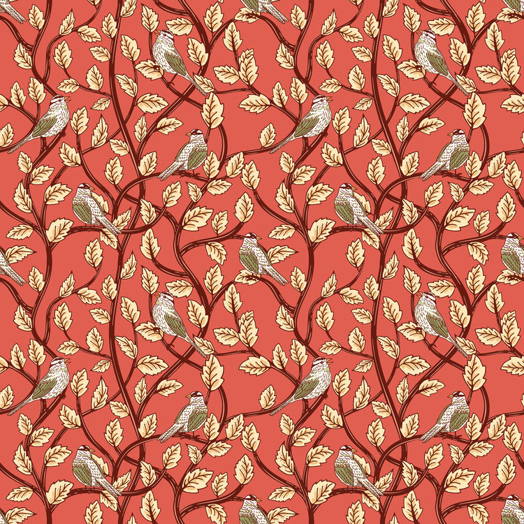 Sunset coral fabric with birds perched among cream leaves and dark winding branches