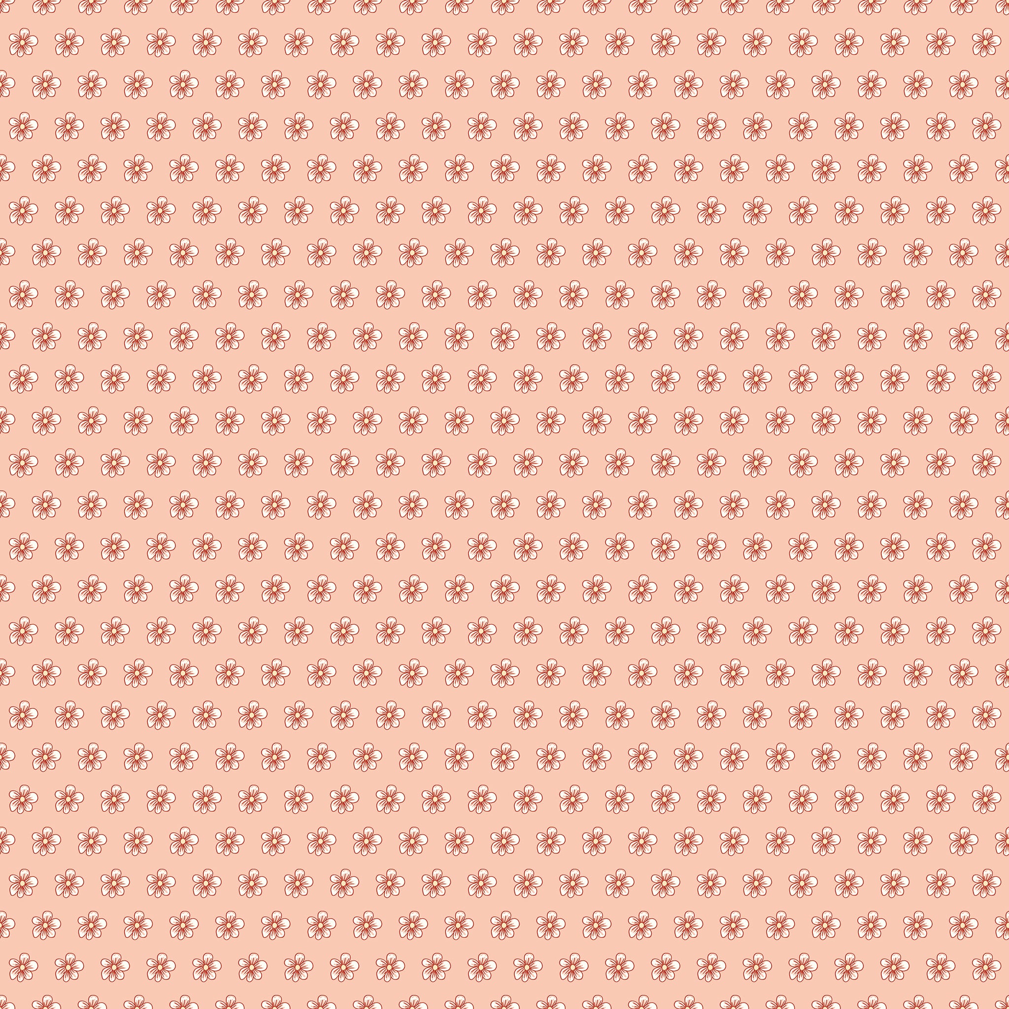 Blush pink fabric with evenly spaced small cream and coral flowers