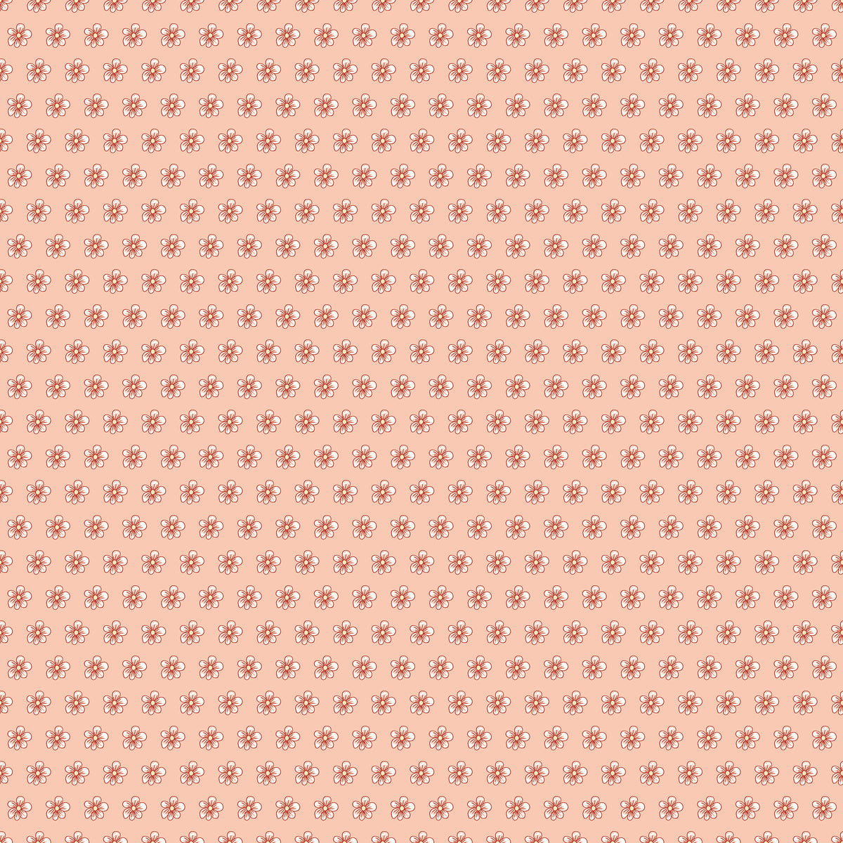 Blush pink fabric with evenly spaced small cream and coral flowers