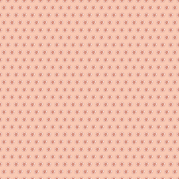 Blush pink fabric with evenly spaced small cream and coral flowers