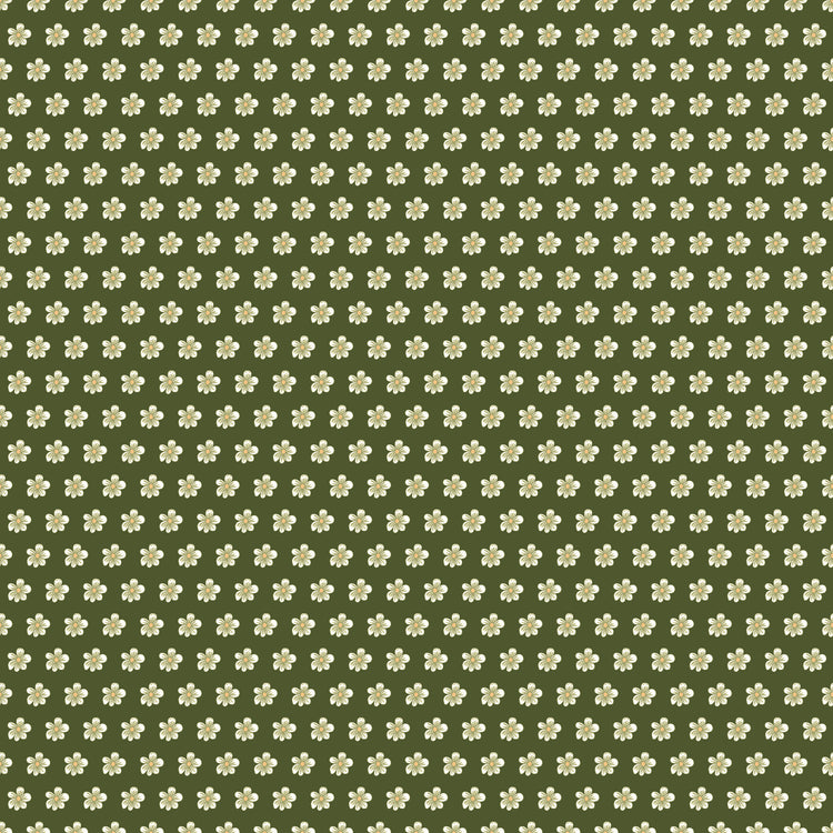 Hunter green fabric with evenly spaced small cream flowers