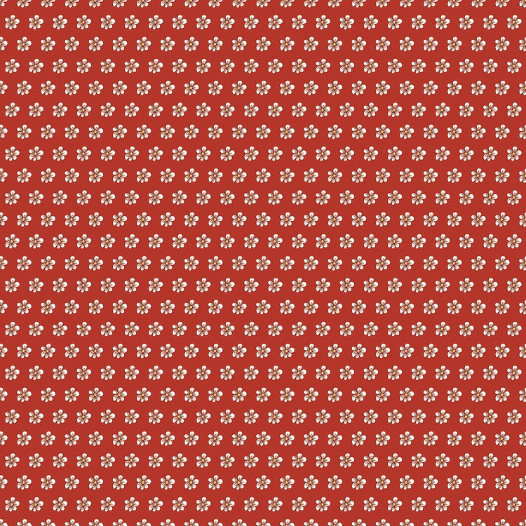 Red fabric with evenly spaced small cream flowers