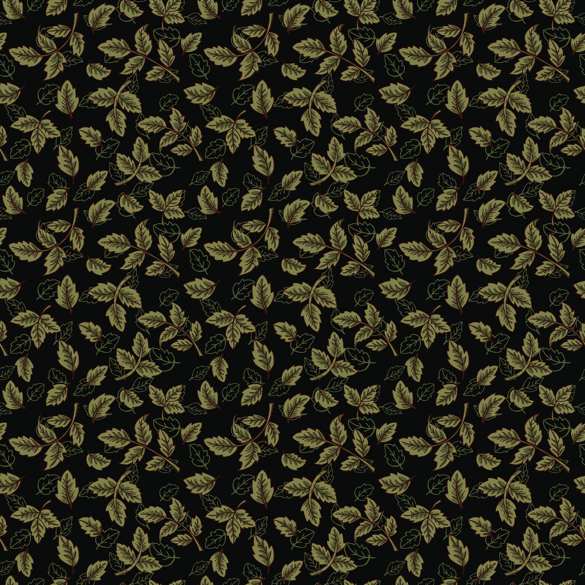 Black fabric with scattered olive green leafy sprigs
