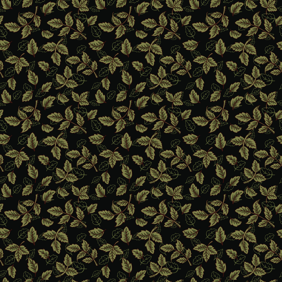 Black fabric with scattered olive green leafy sprigs