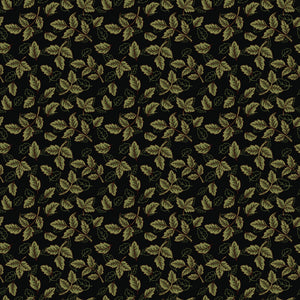 Black fabric with scattered olive green leafy sprigs