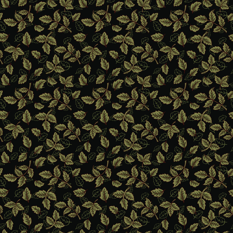 Black fabric with scattered olive green leafy sprigs