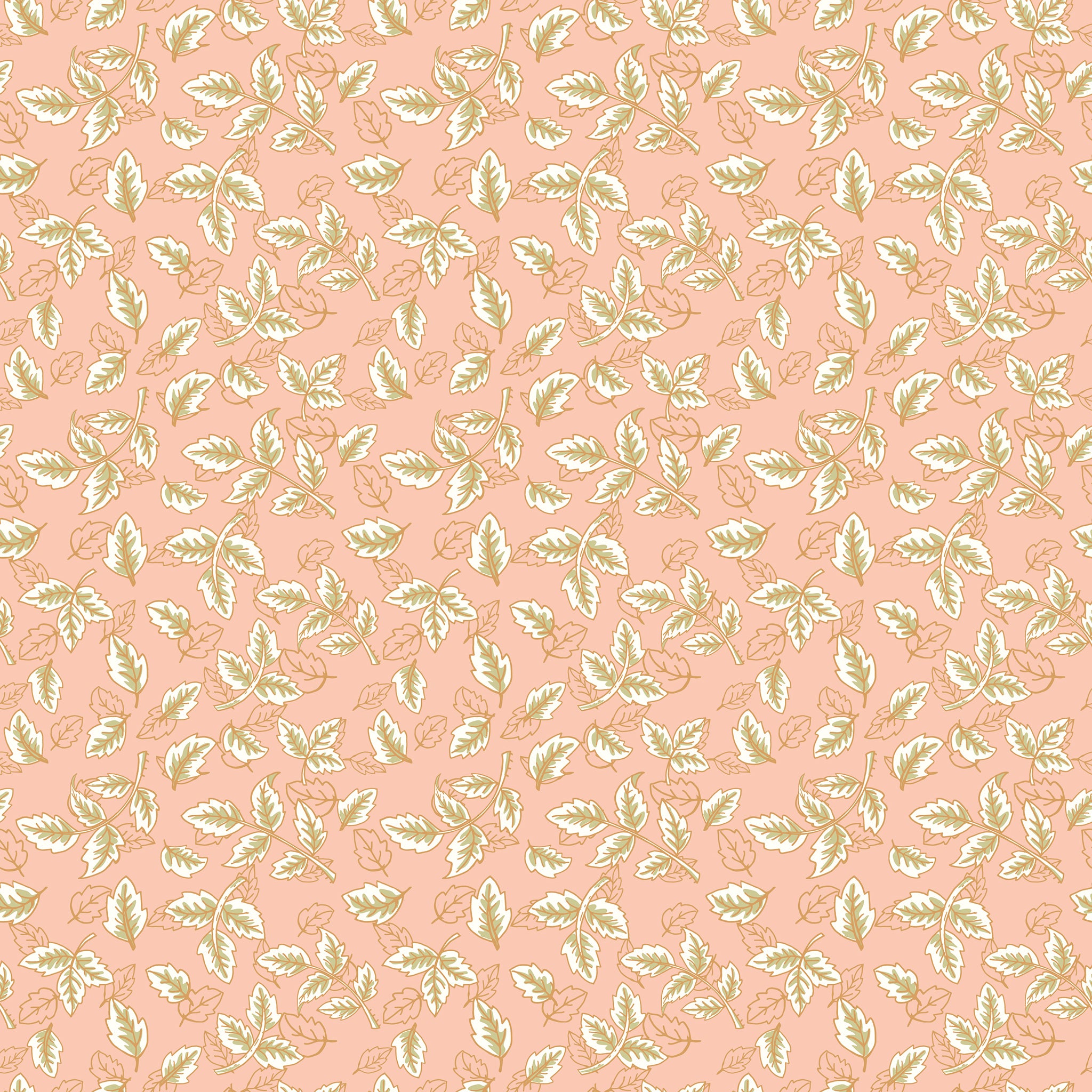 Blush pink fabric with scattered cream and sage green leafy sprigs