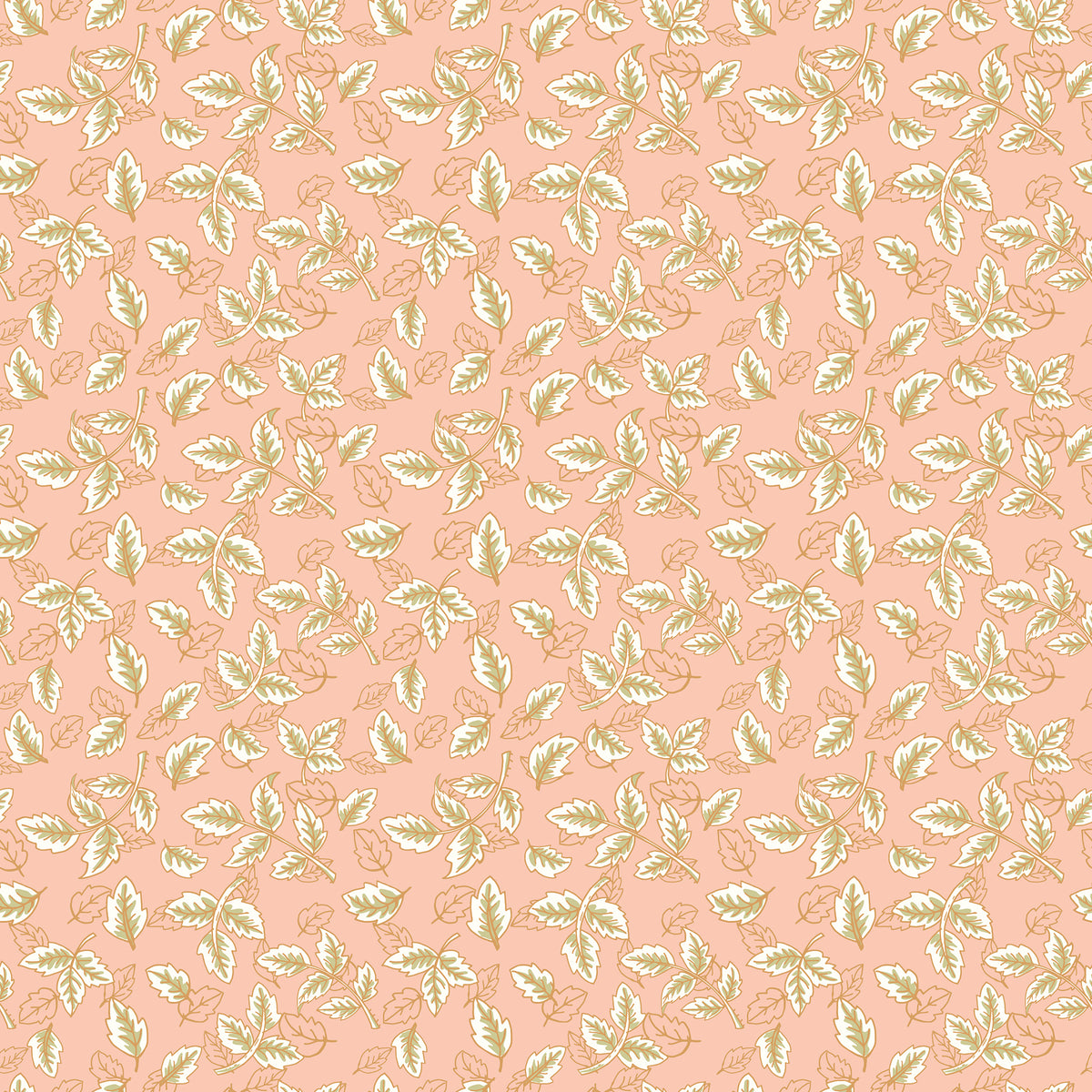 Blush pink fabric with scattered cream and sage green leafy sprigs